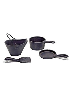 Vintage Dollhouse Miniatures Cast Iron Pot Pan Coal Bucket & Scoop Set